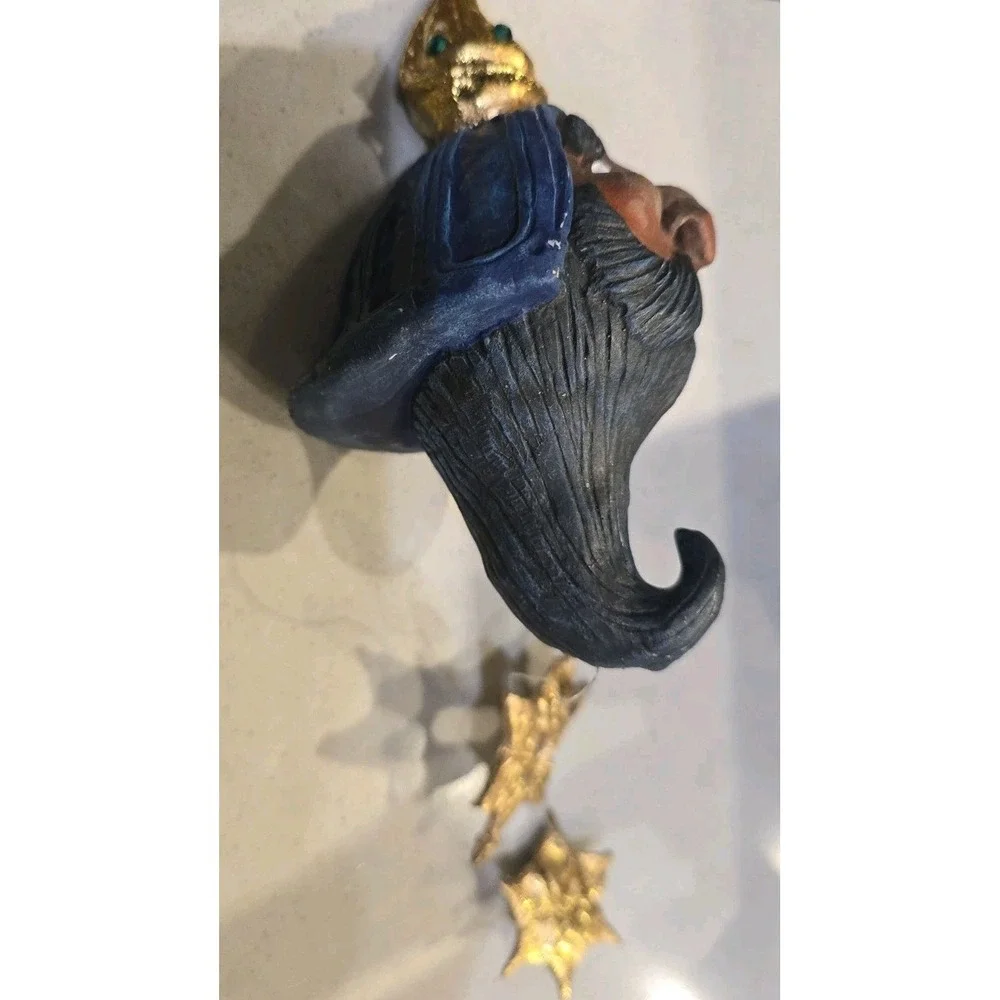 Hand Painted Wise Man Christmas Ornament Gold Crown Blue Hooded Beard Gold Stars
